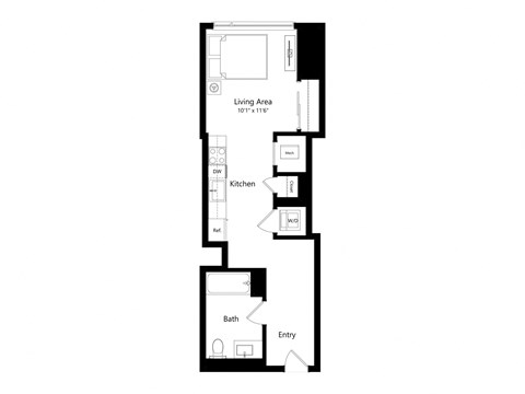 a floor plan of a unit with a living area, kitchen, and bathroom.